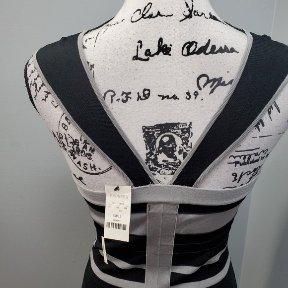 Express Bodycon Knitted Dress Womens Small Black Gray Striped Stretch Cross Back - Picture 3 of 6